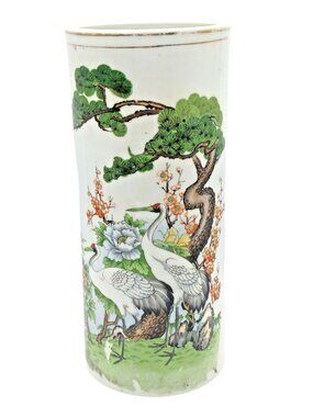 Chinese Crane Cylinder Vase Hand Painted Porcelain Floral Pine 10.75"